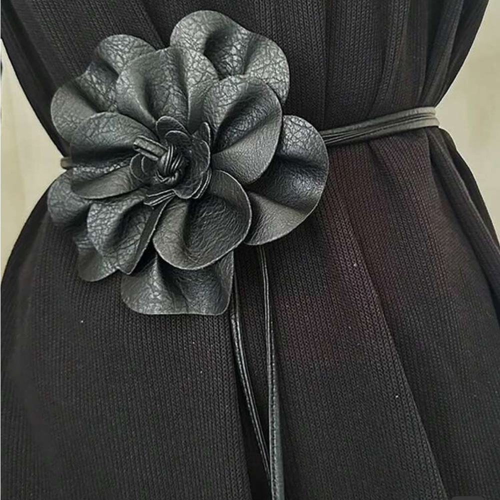 Black Floral Leather Wrap Belt - Women Accessories NEW